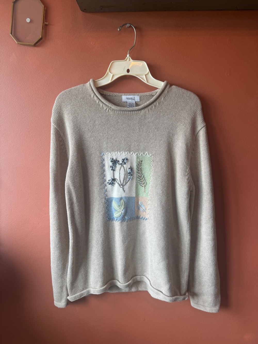 Northern Reflections Beige Crewneck Sweater with Embroidered Botanical Patch